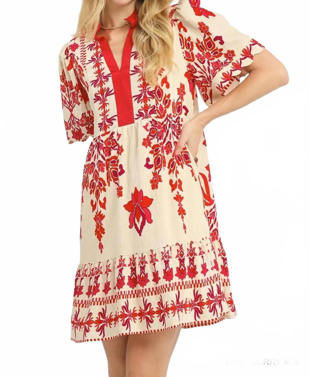 NEW UMGEE women's tropical damask border print mini dress in beige red